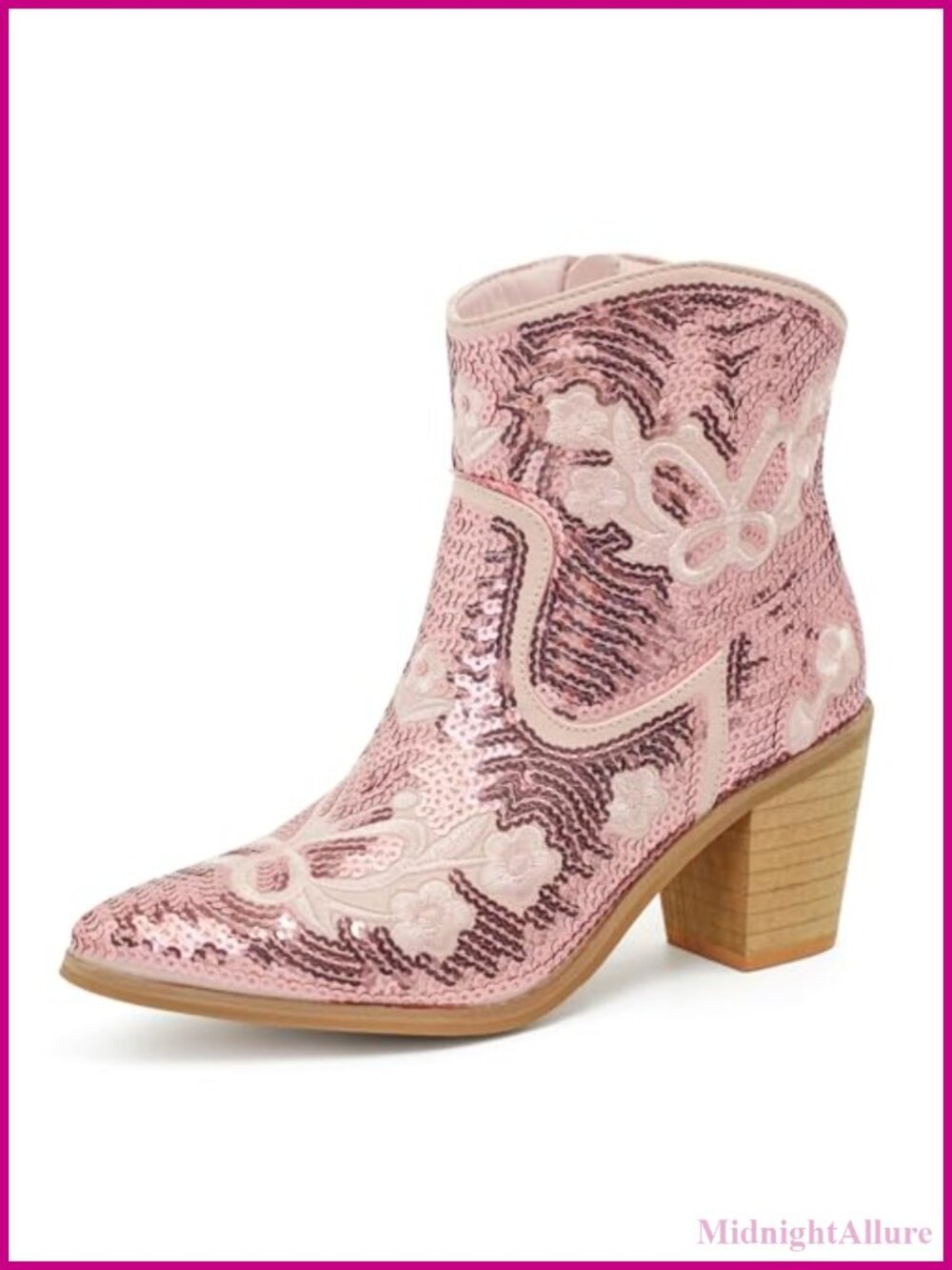 Western Cowboy Ankle Boots Sequin Embroidery Pointed Toe Zipper Booties